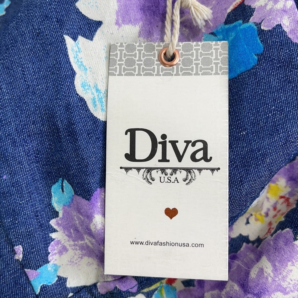 NEW Diva USA Floral Chambray Blue Flutter Sleeve Dress - Picture 16 of 16